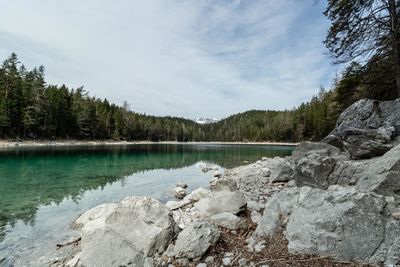 Scenic view of lake in forest against sky