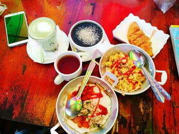 Close-up of breakfast served on table