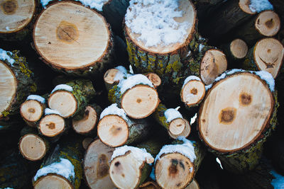 Stacked wood. pile of small logs covered with snow. tree trunks in forest during winter