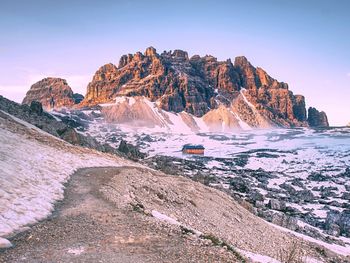 Climbers shelter. hut and landmark stop for climbing the peaks of the alps.