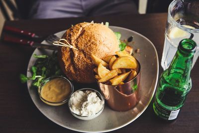 Close-up of food served on table