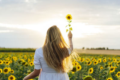 Rear view of woman with sunflowers on field against sky