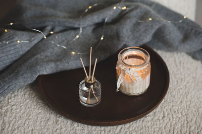 High angle view of aromatherapy equipment