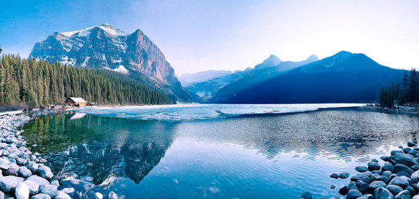 Scenic view of lake by snowcapped mountains against sky
