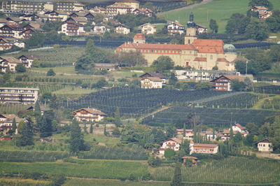 High angle view of houses and buildings in village