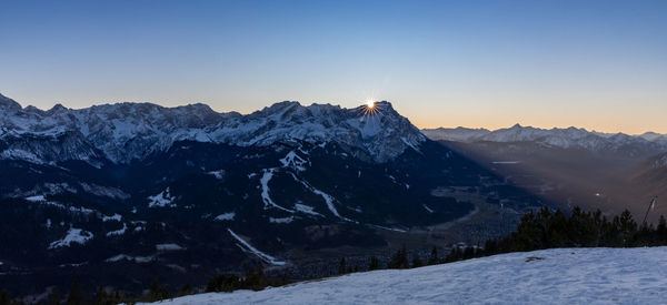 Scenic view of snowcapped mountains against clear sky