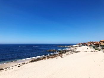 Scenic view of beach against clear blue sky