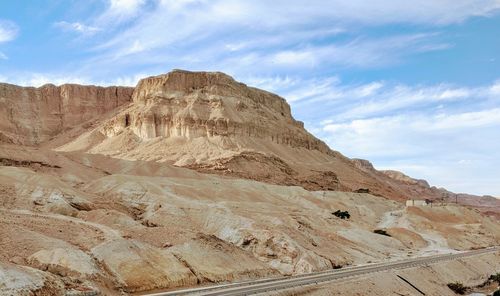 Low angle view of rock formations against sky