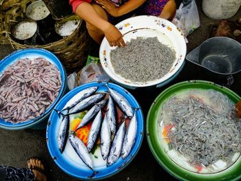 High angle view of fish for sale in market