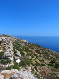 Scenic view of sea against clear blue sky