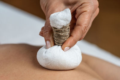 Ayurvedic massage with kizhi or herbal bags made from various dried herbs wrapped in cotton 