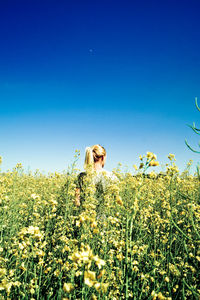 Rear view of young woman standing amidst oilseed rape