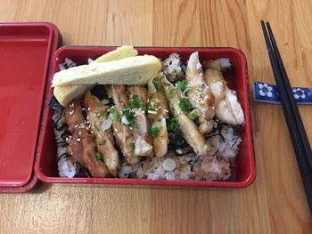 High angle view of food in plate on table