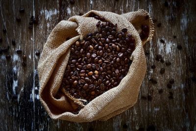High angle view of coffee beans on table
