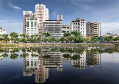 Reflection of buildings in lake