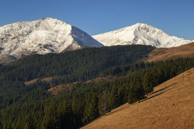 Scenic view of snowcapped mountains against clear sky