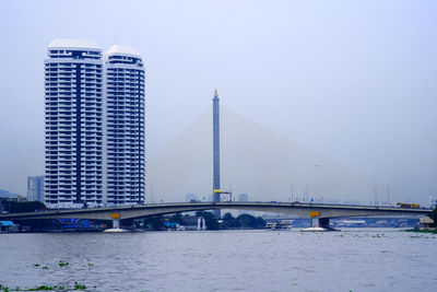 Bridge over river with city in background