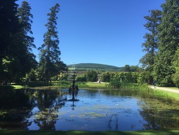 Scenic view of lake against clear blue sky