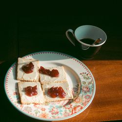 High angle view of breakfast served on table