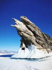 Scenic view of snowcapped mountain against clear blue sky