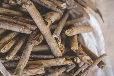 High angle view of firewood pile