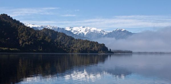 Scenic view of lake and mountains against sky