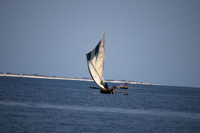 Sailboat sailing on sea against clear sky