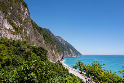 Scenic view of sea against clear blue sky