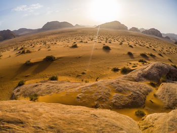 Wide angle shot of the wadi rum desert in jordan, middle east