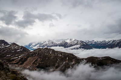 Scenic view of snow covered mountains against sky