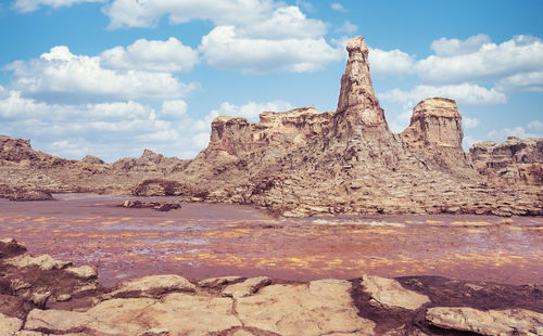 Rock formations on landscape against cloudy sky