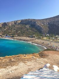 Scenic view of sea against clear blue sky