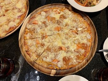 High angle view of pizza on table