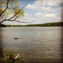 Scenic view of lake against cloudy sky