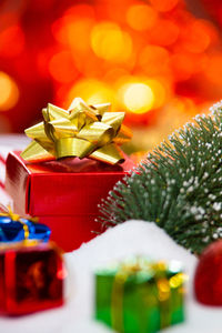 Close-up of christmas decorations on table