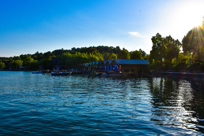 Scenic view of lake against blue sky