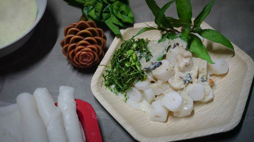 High angle view of food in plate