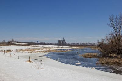 Scenic view of land against clear sky during winter