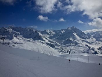 Scenic view of snow covered mountains against sky