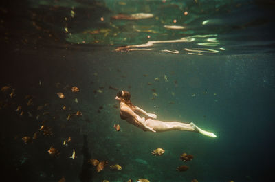 Woman free diving near nusa penida, bali, indonesia. nikonos v on 35mm cinestill 400d film.