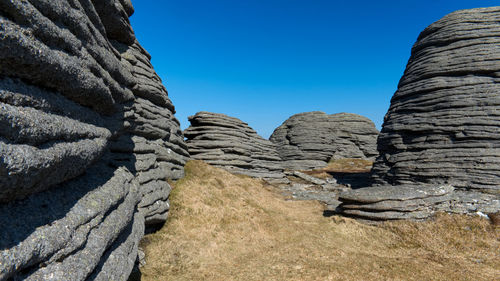 Low angle view of rock formation against clear blue sky