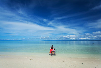 Rear view of couple at beach against sky