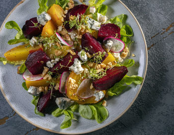 High angle view of fruits in plate