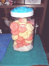 Close-up of glass jar on table at restaurant