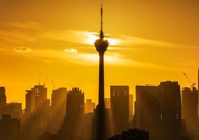 Low angle view of buildings against sky during sunset