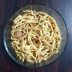 High angle view of noodles in bowl on table