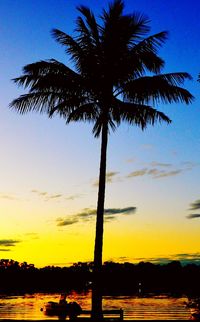 Silhouette palm tree on beach against sky at sunset