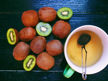High angle view of fruits in bowl on table