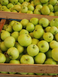 High angle view of granny smith apples in crate for sale