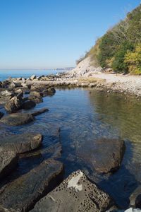 Scenic view of sea against clear blue sky